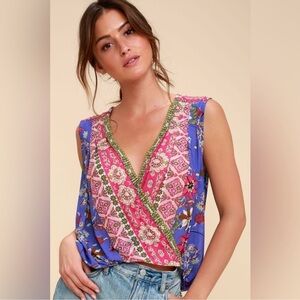 Free People Havana Pink Floral Print Sleeveless Surplice Top Medium